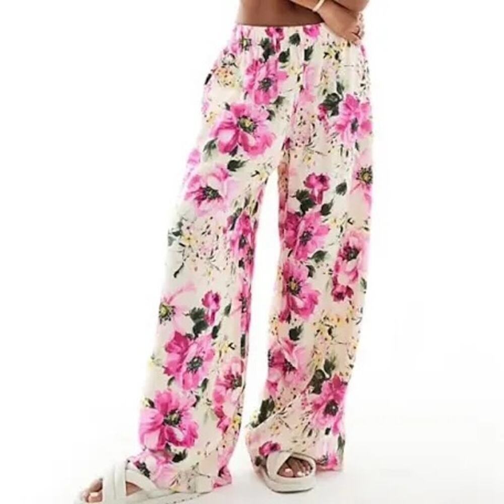 Abercrombie Floral Crinkle Wide Leg Pants Pink Co-Ord M NWOT Resort Wear Beachy
